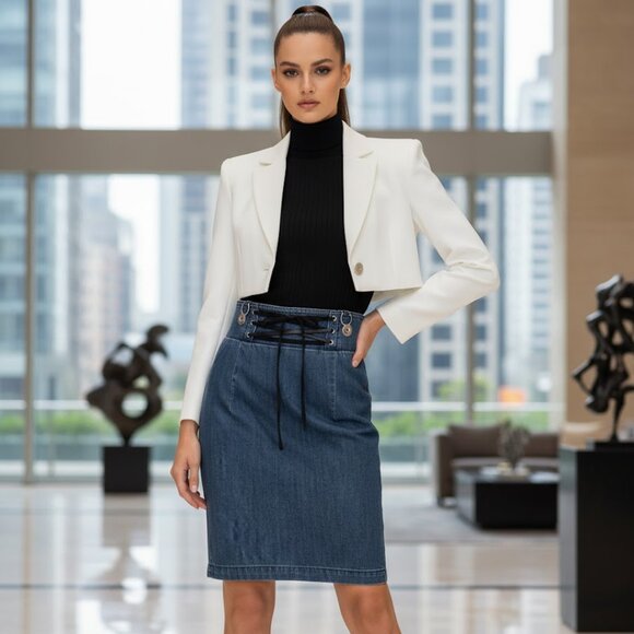 High waist denim jean corset leather panel skirt - Picture 1 of 6